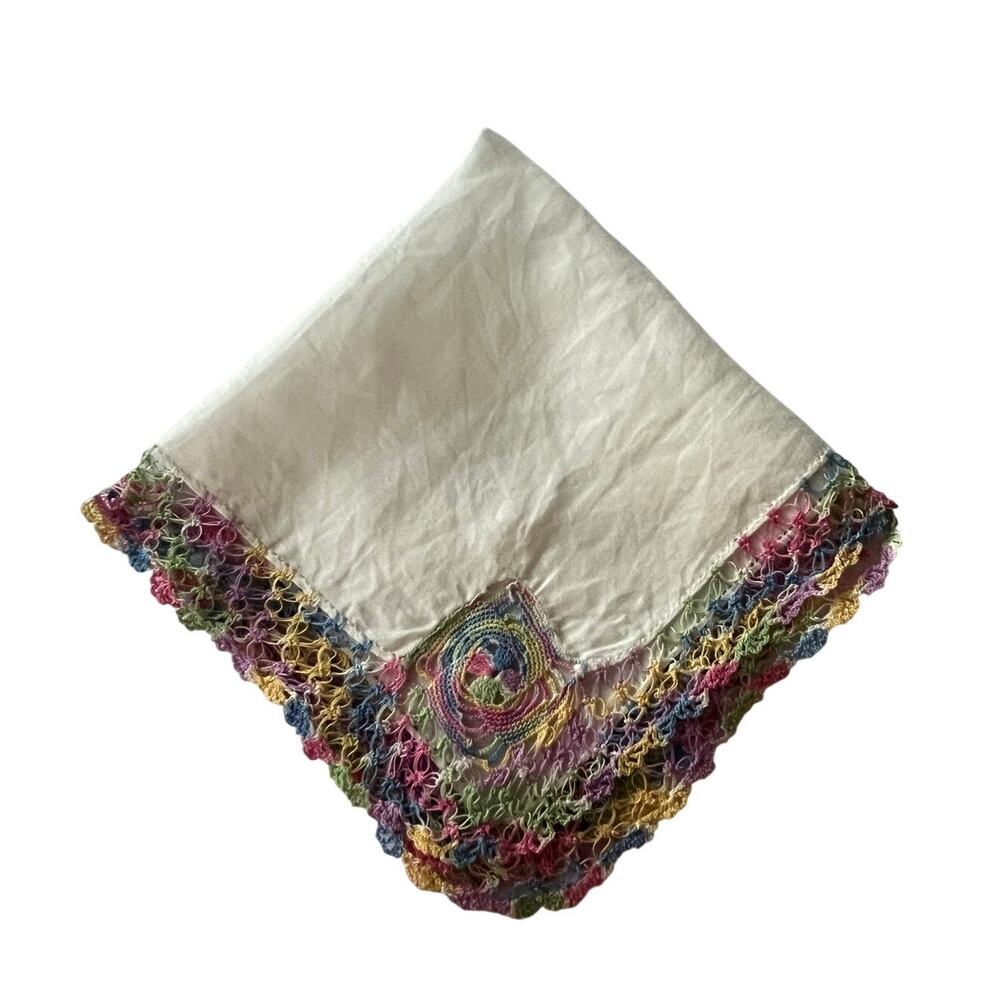 Vintage Crochet Tatted Hankerchief Upcycle Sewing Embroidery White pink